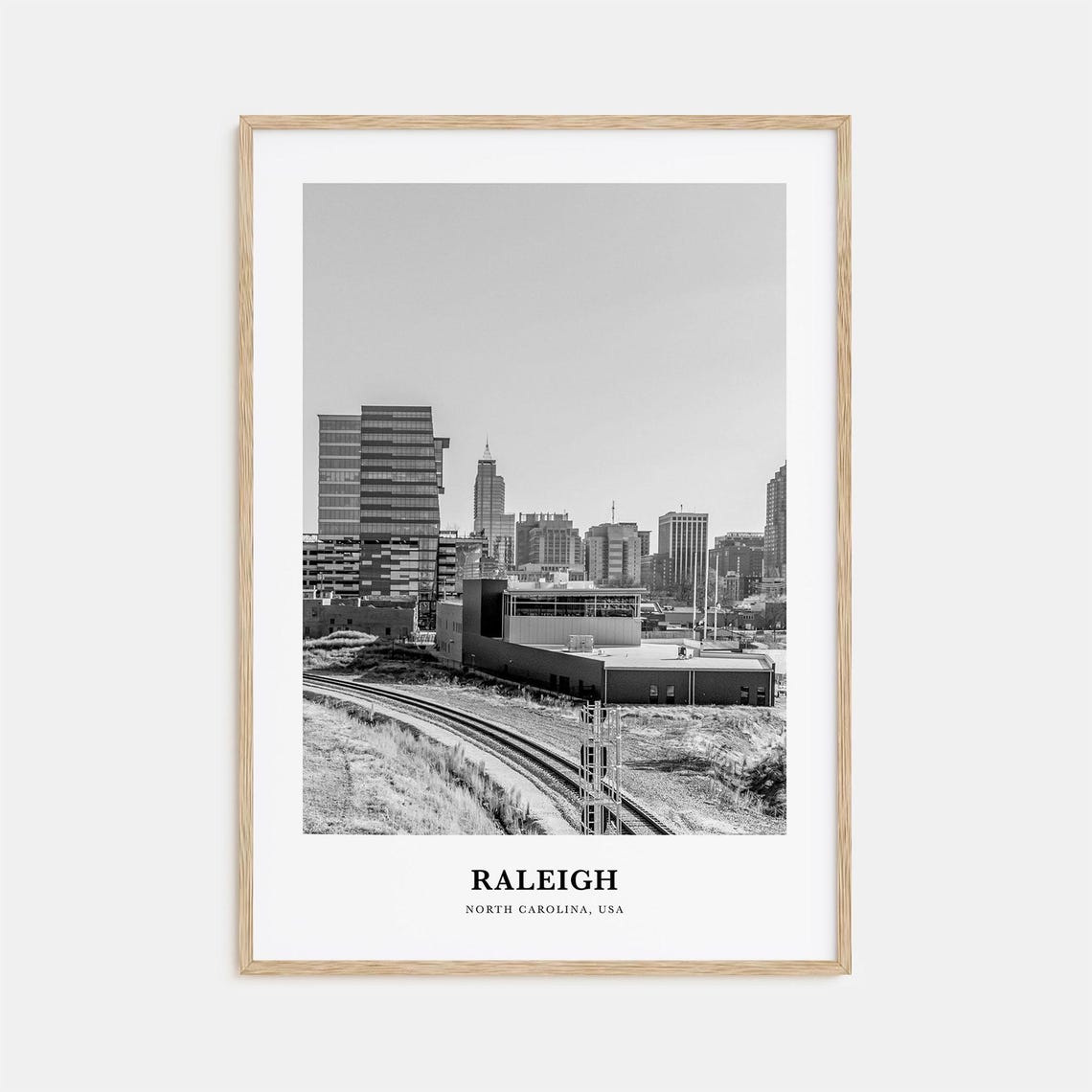 Raleigh North Carolina Downtown Skyline Rail Black White Poster