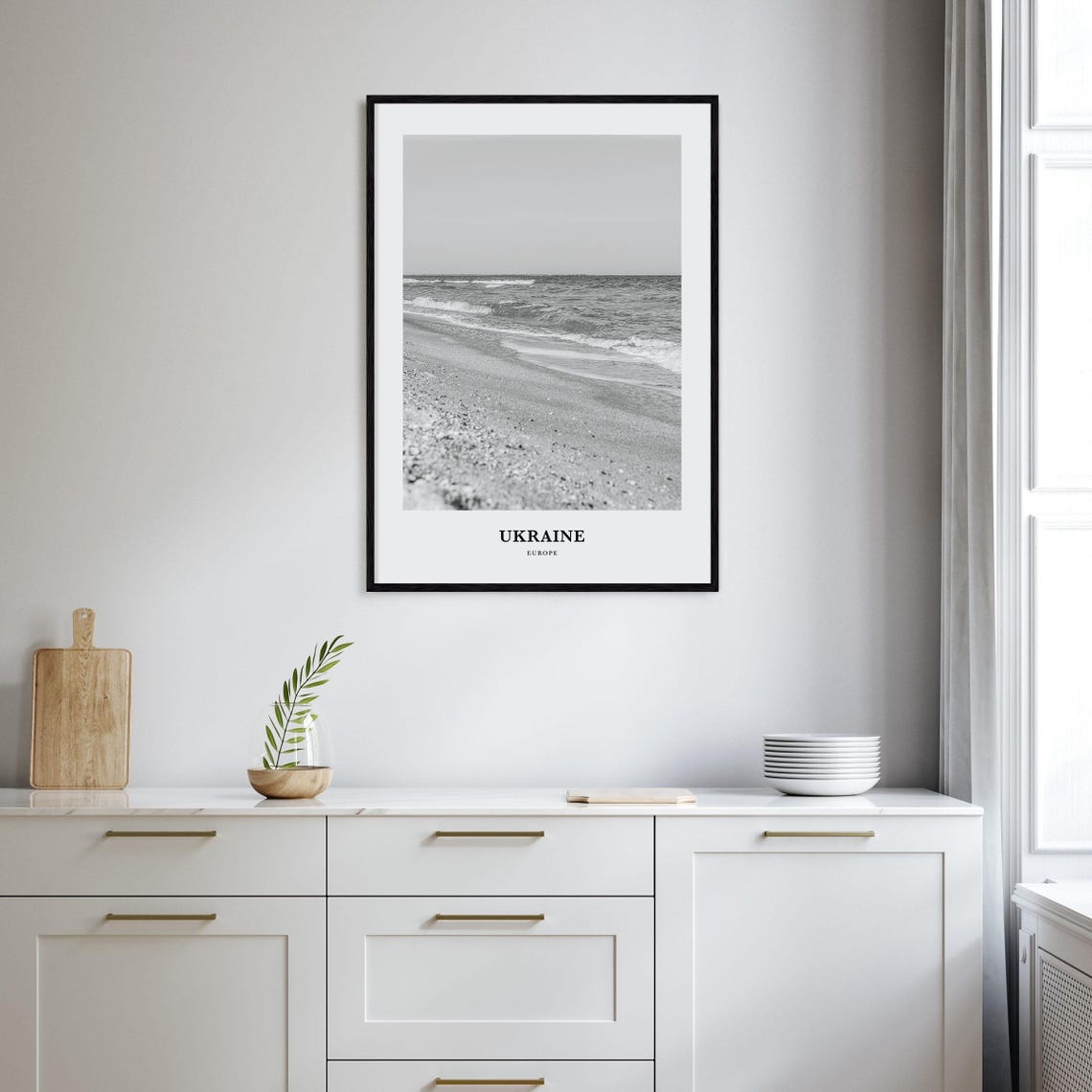 Ukraine Europe Peaceful Black and White Beach Shoreline Poster - Image 2