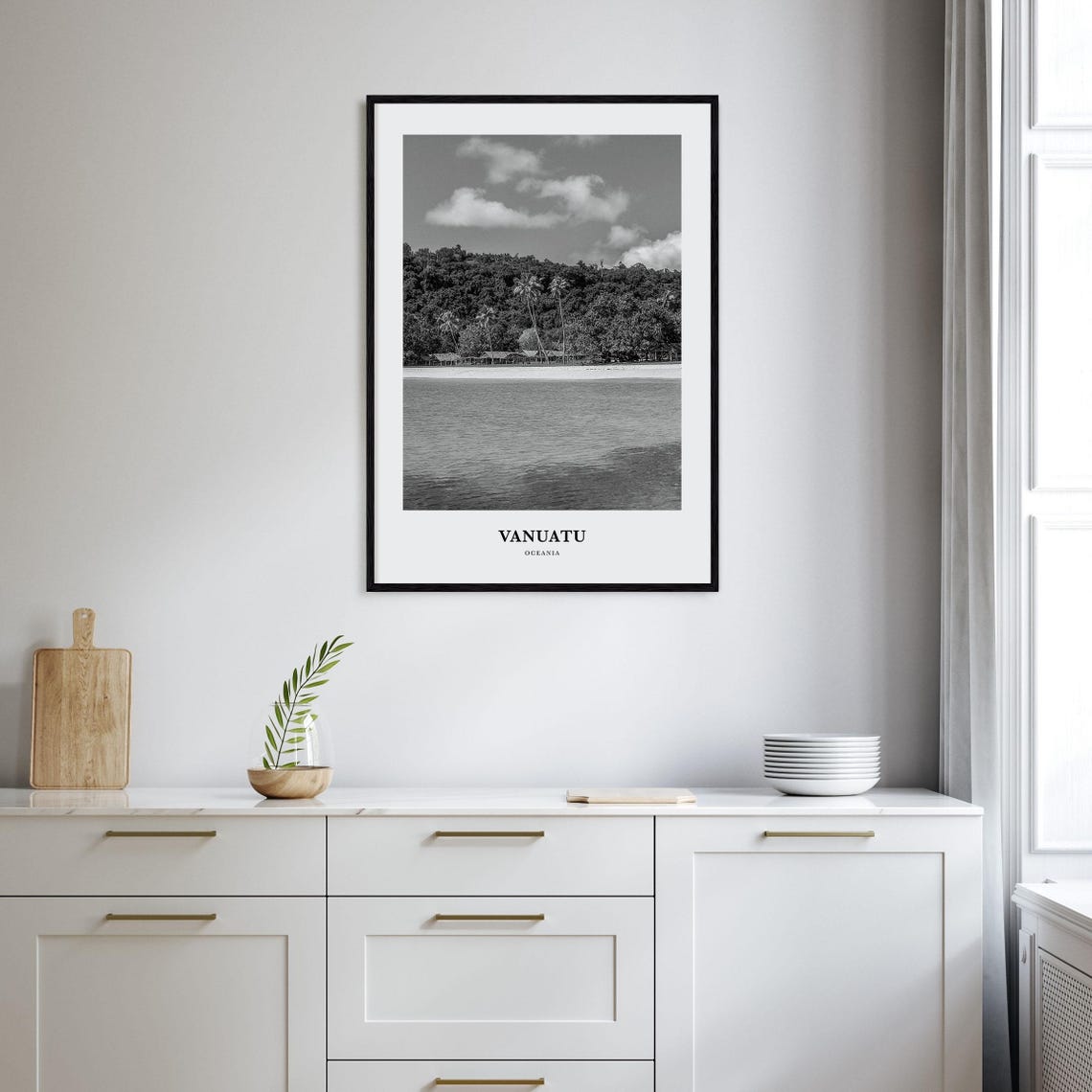 Vanuatu Oceania Tropical Beach Palms Ocean Black White Travel Poster - Image 2