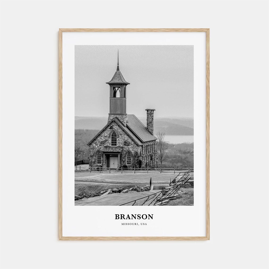 Branson Ozark Hilltop Stone Chapel Missouri Black and White Poster