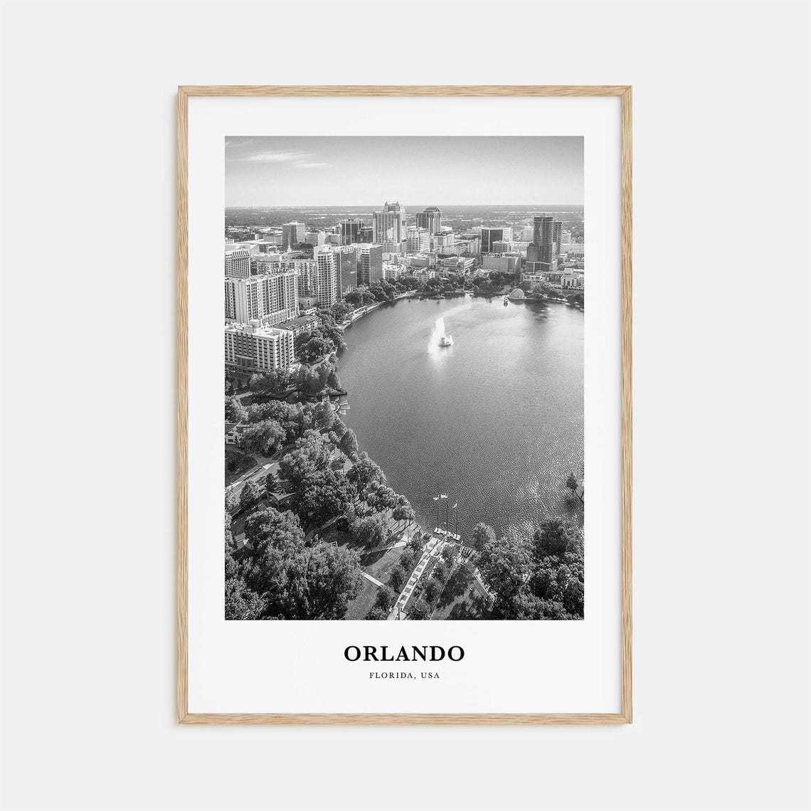 Orlando Lake Eola Aerial Downtown Skyline Black White Travel Poster