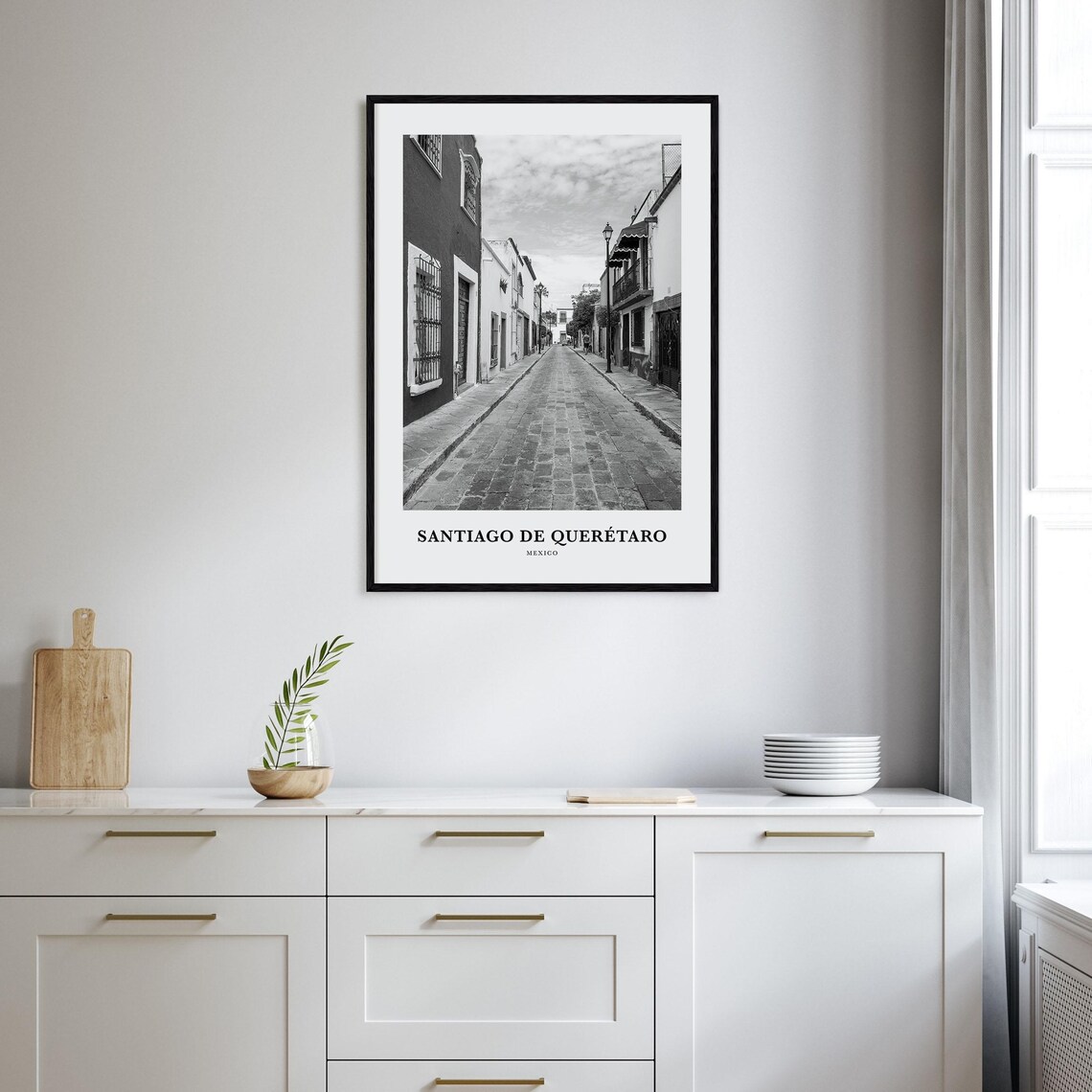 Santiago de Queretaro Mexico Cobblestone Street Black White Photo Poster - Image 2