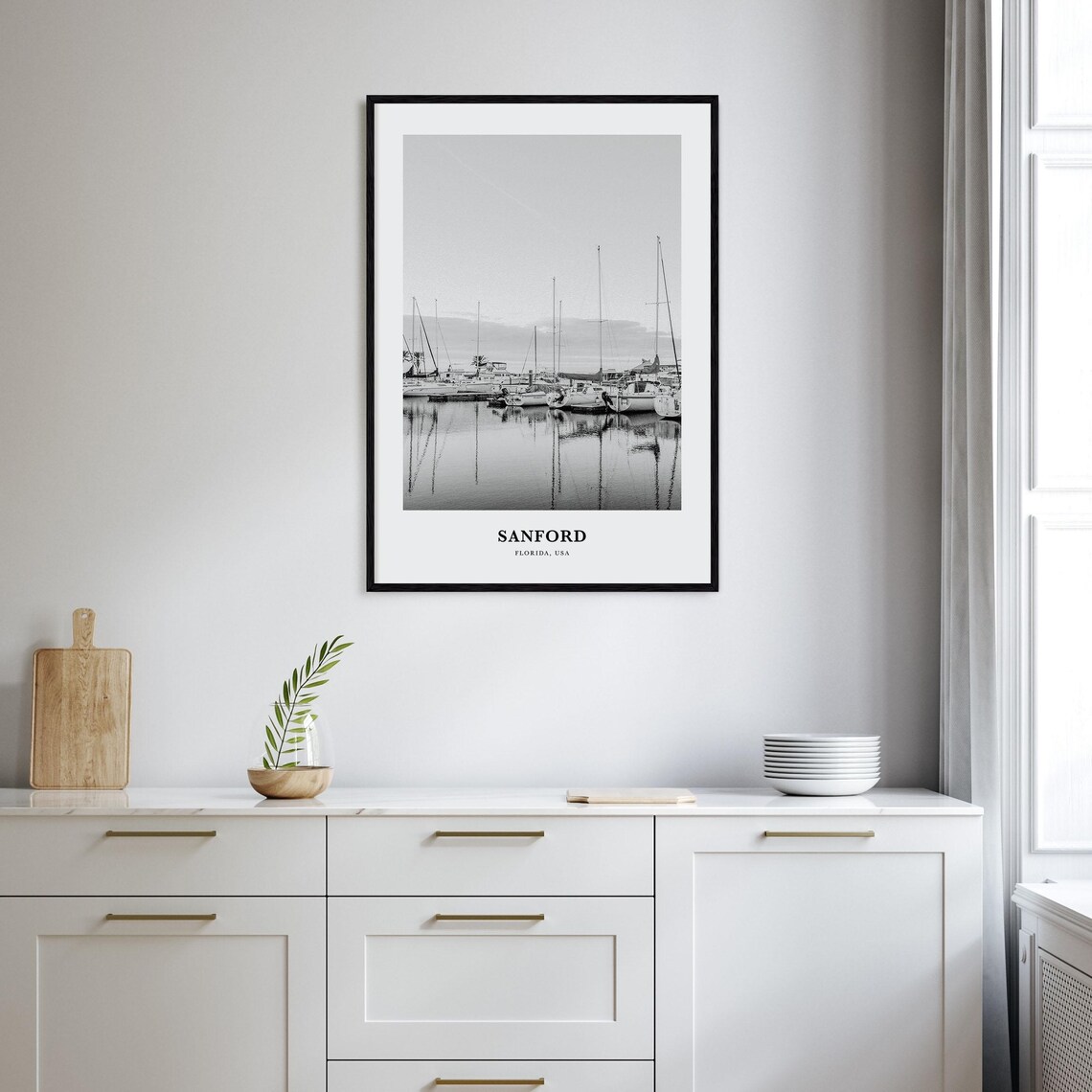 Sanford Florida Marina Sailboats Reflections Black White Poster - Image 2