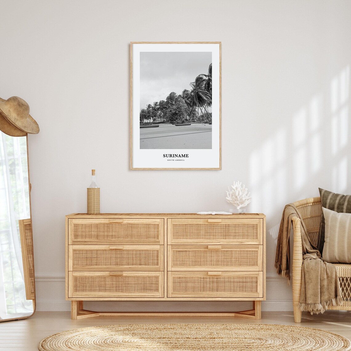 Suriname Palm Beach and Boats Scene Black and White Travel Poster - Image 3