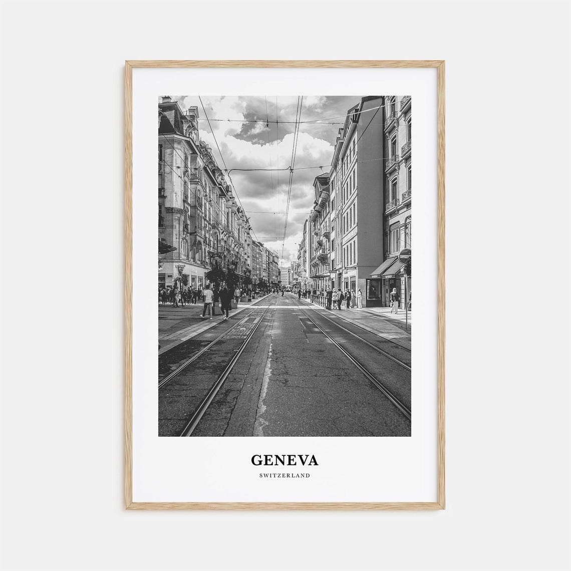 Geneva Tram Tracks Historic Street Black and White Travel Poster