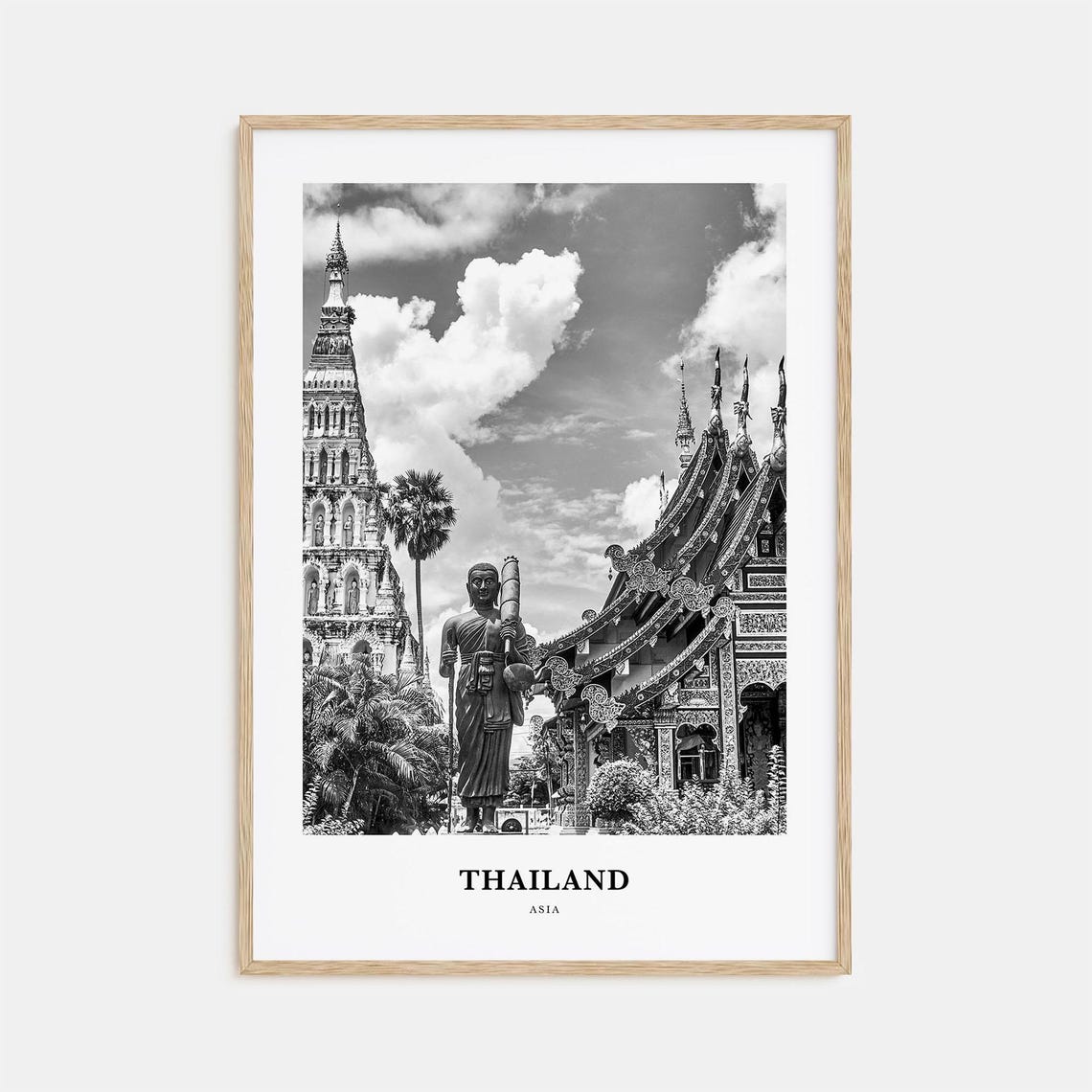 Thailand Buddhist Temple with Monk Statue Black and White Poster