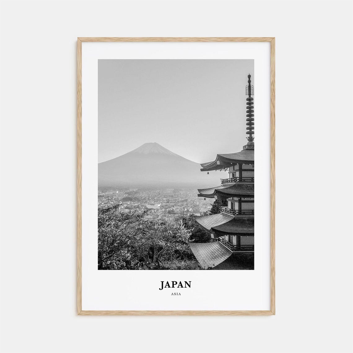 Mount Fuji and Pagoda Japan Black and White Photography Poster