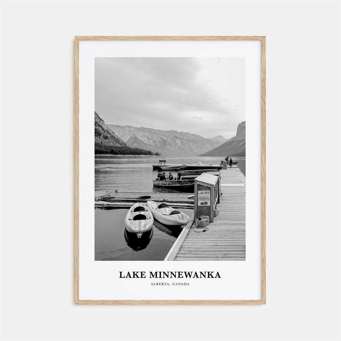 Lake Minnewanka Canoe Dock Black And White Alberta Rockies Poster