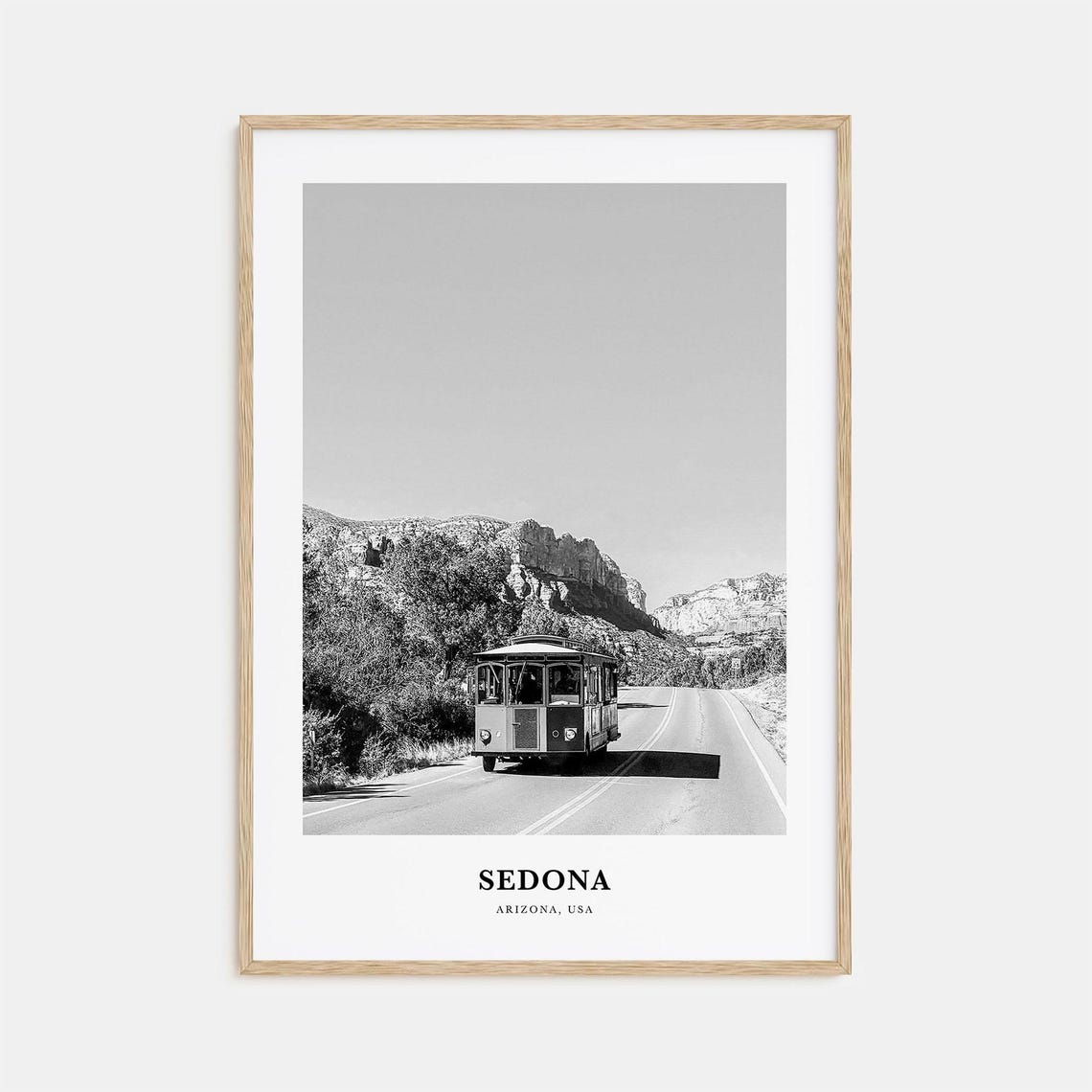 Sedona Arizona Red Rocks Trolley Road Black White Travel Poster