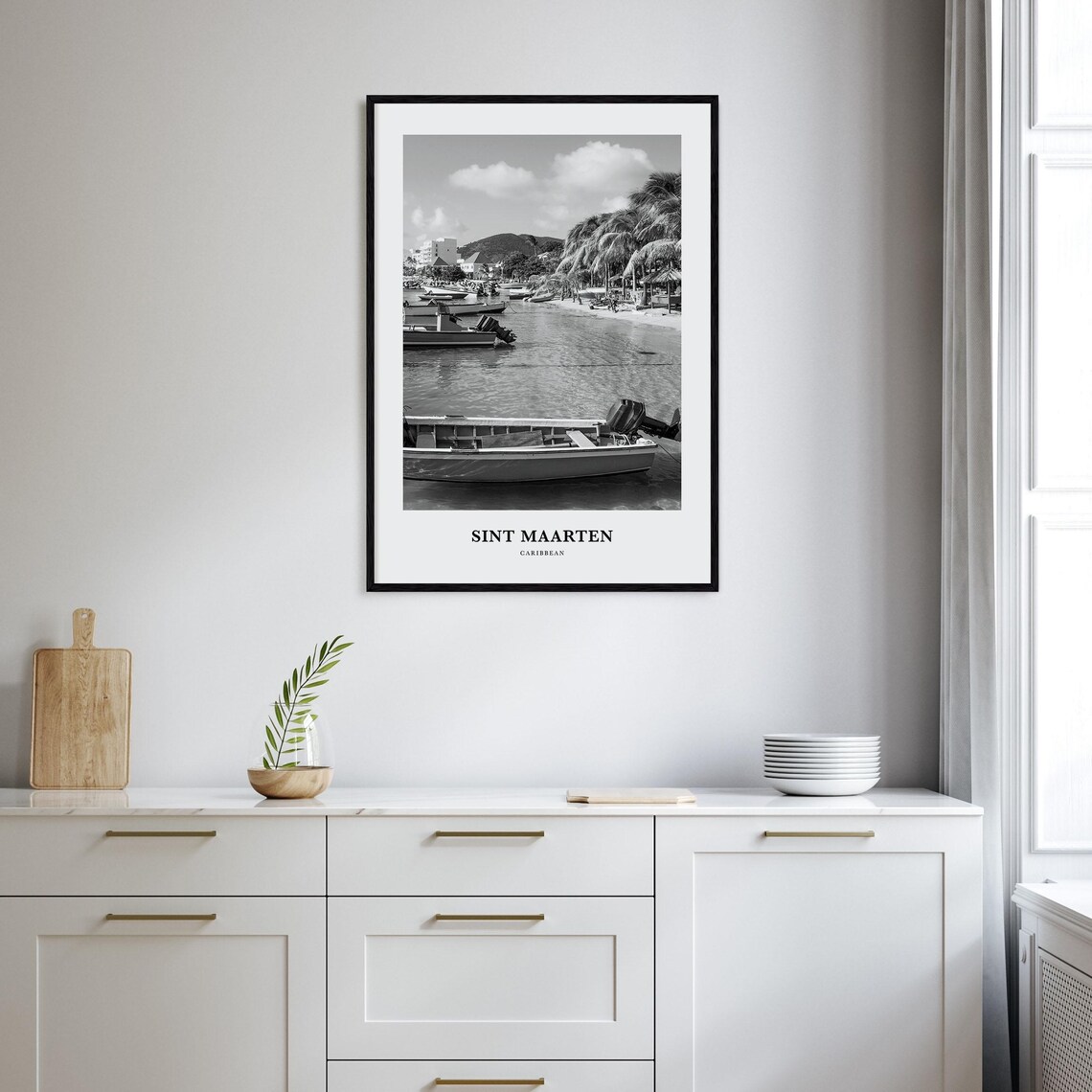 Sint Maarten Caribbean Fishing Boats Black and White Beach Poster - Image 2