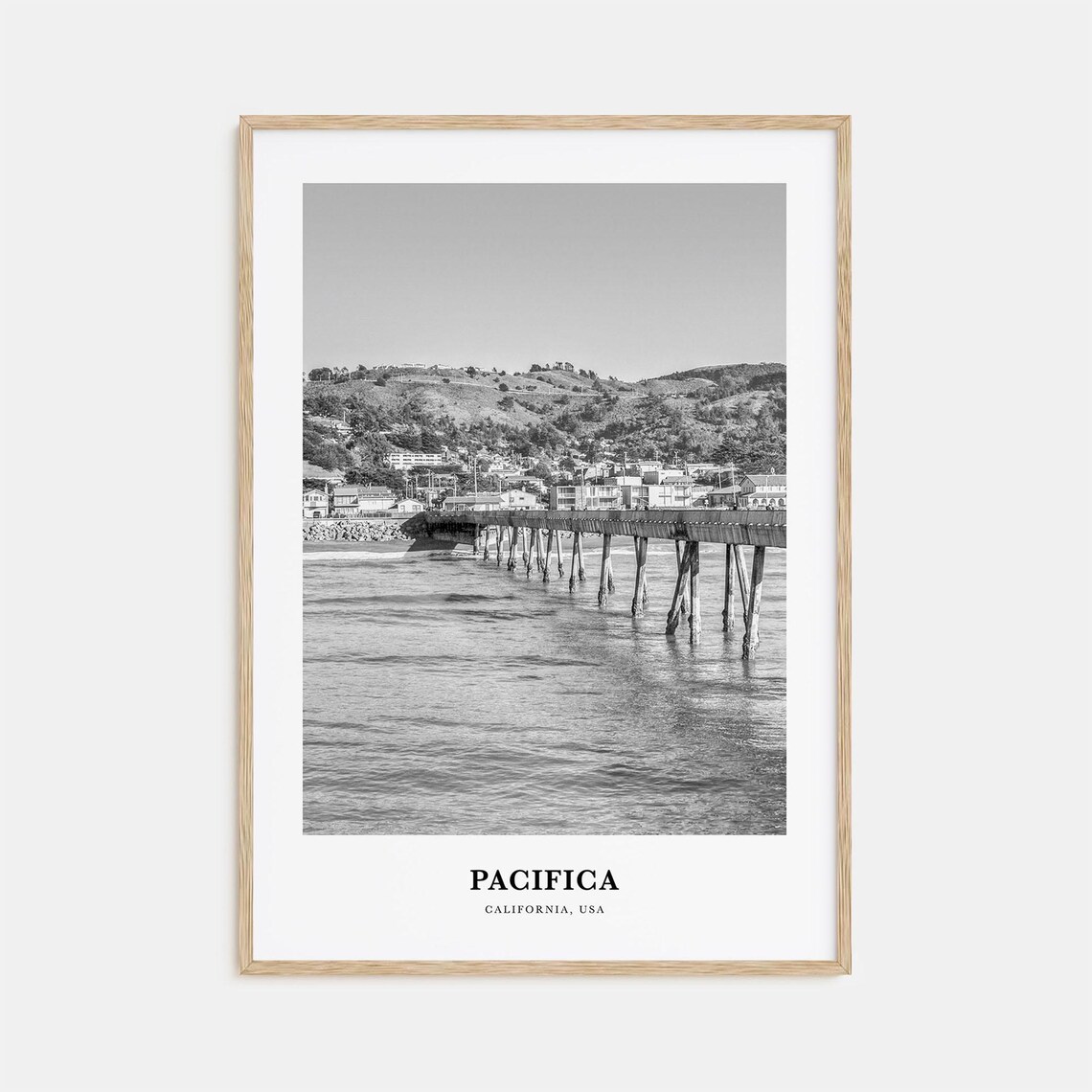 Pacifica California Pier Ocean Waves Black and White Travel Poster