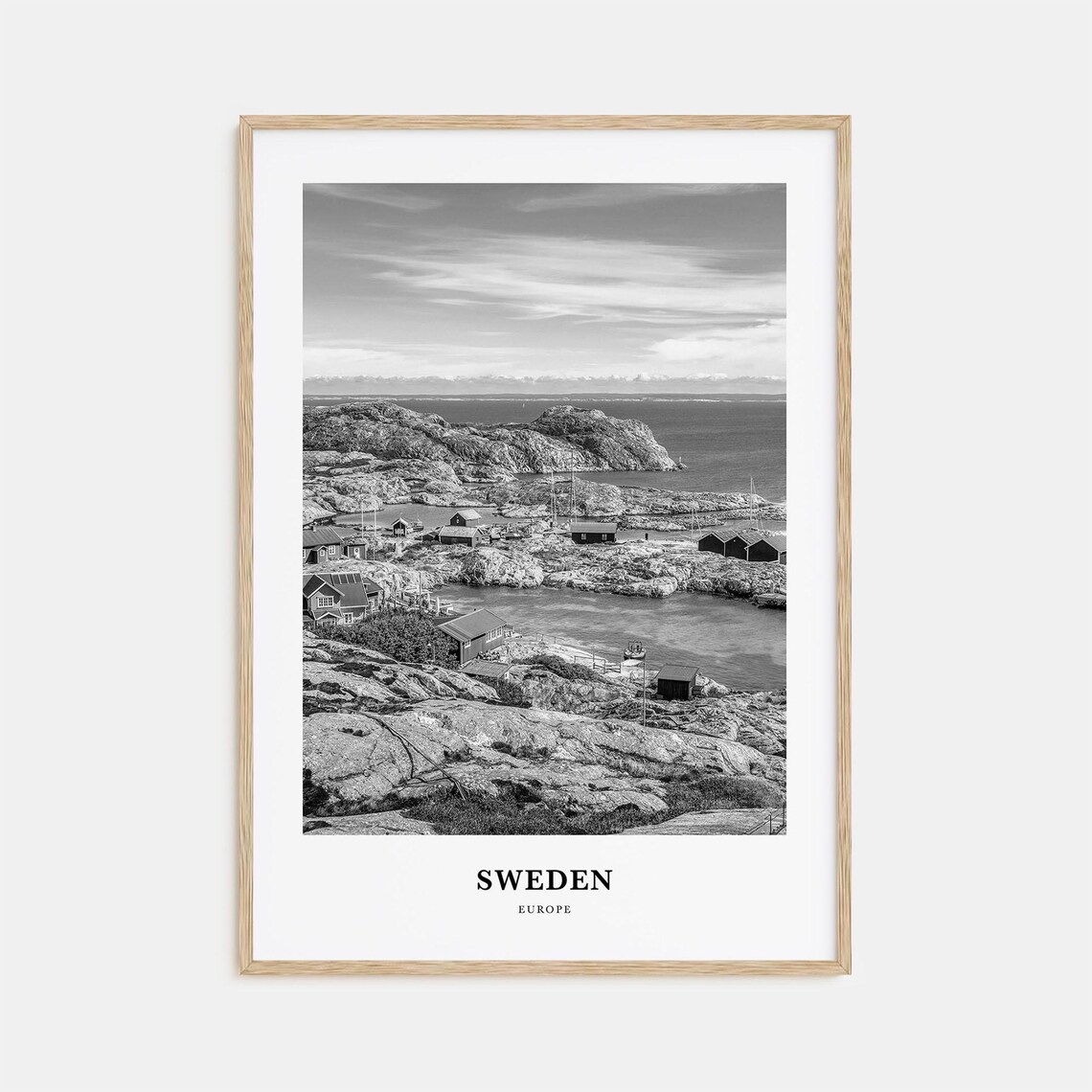 Sweden Rocky Coast Fishing Village Black White Nordic Photo Poster