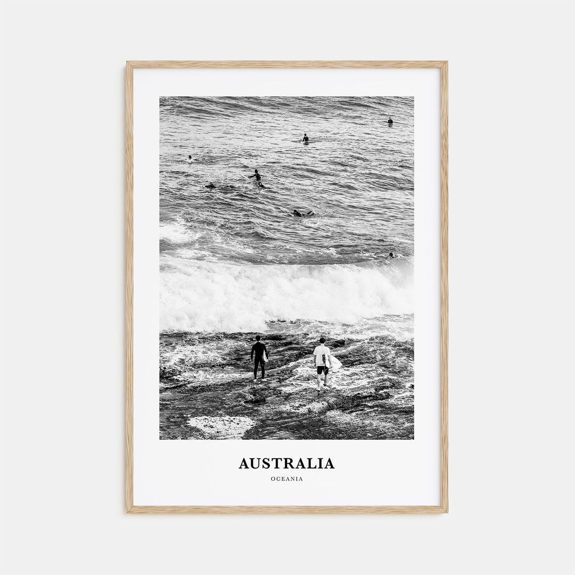 Australia Oceania Surfers Rocky Shore Black and White Poster