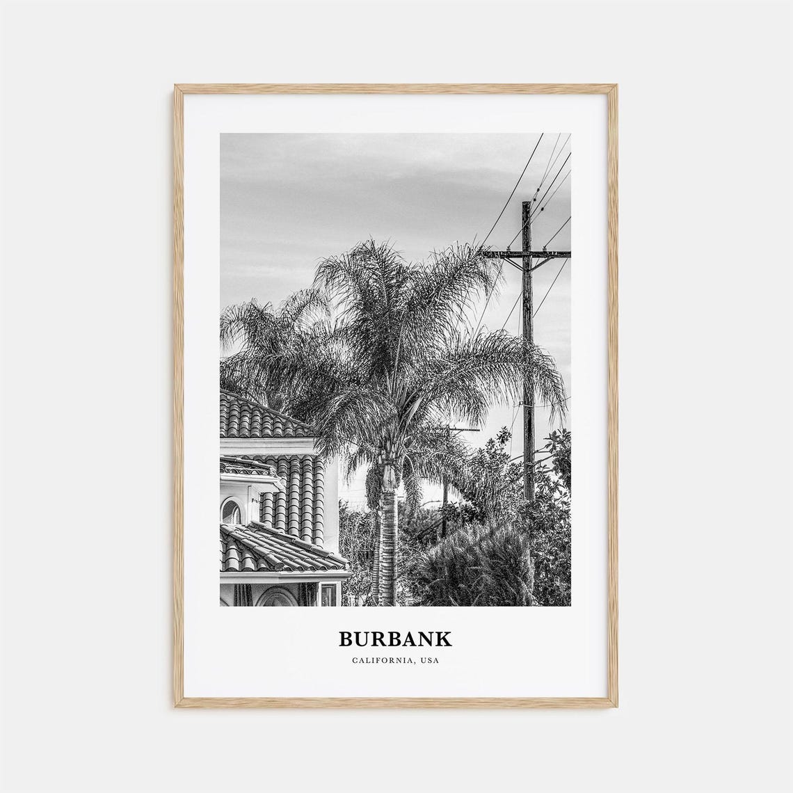 Burbank Queen Palm Spanish Tile Roof Street Black and White Poster