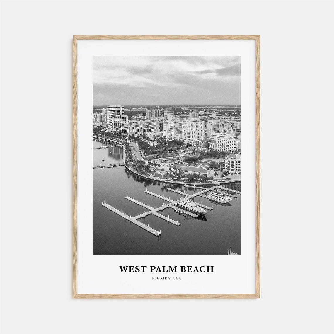 West Palm Beach Florida Aerial Marina And Skyline Black White Poster