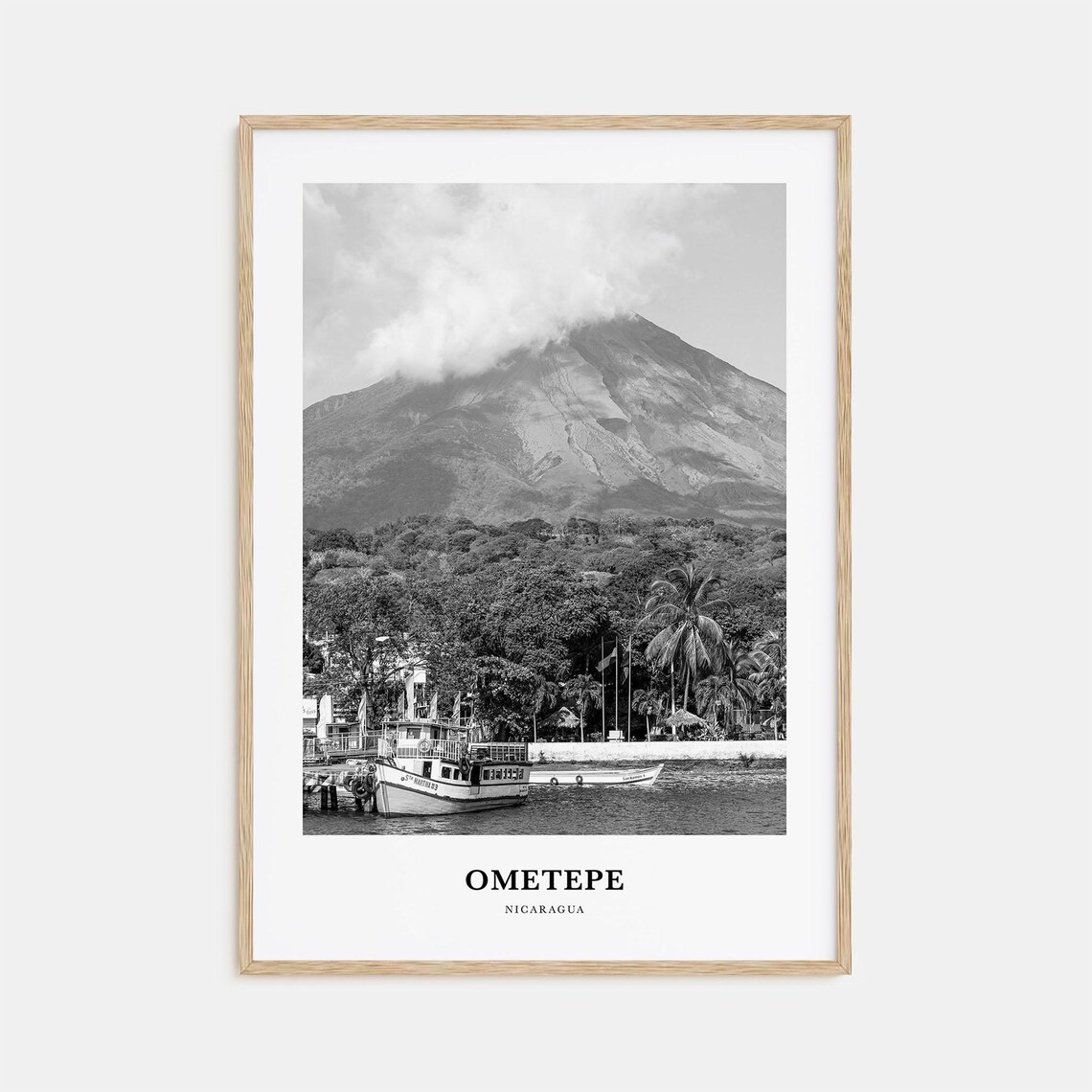 Ometepe Nicaragua Volcano Lake Shore Boats Black White Travel Poster