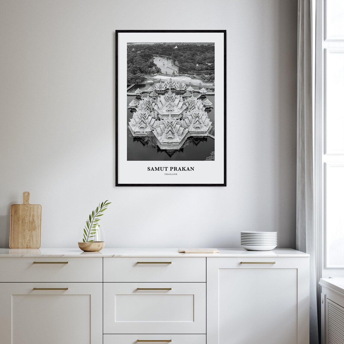 Samut Prakan Thailand Water Temple Aerial Black and White Photo Poster - Image 2