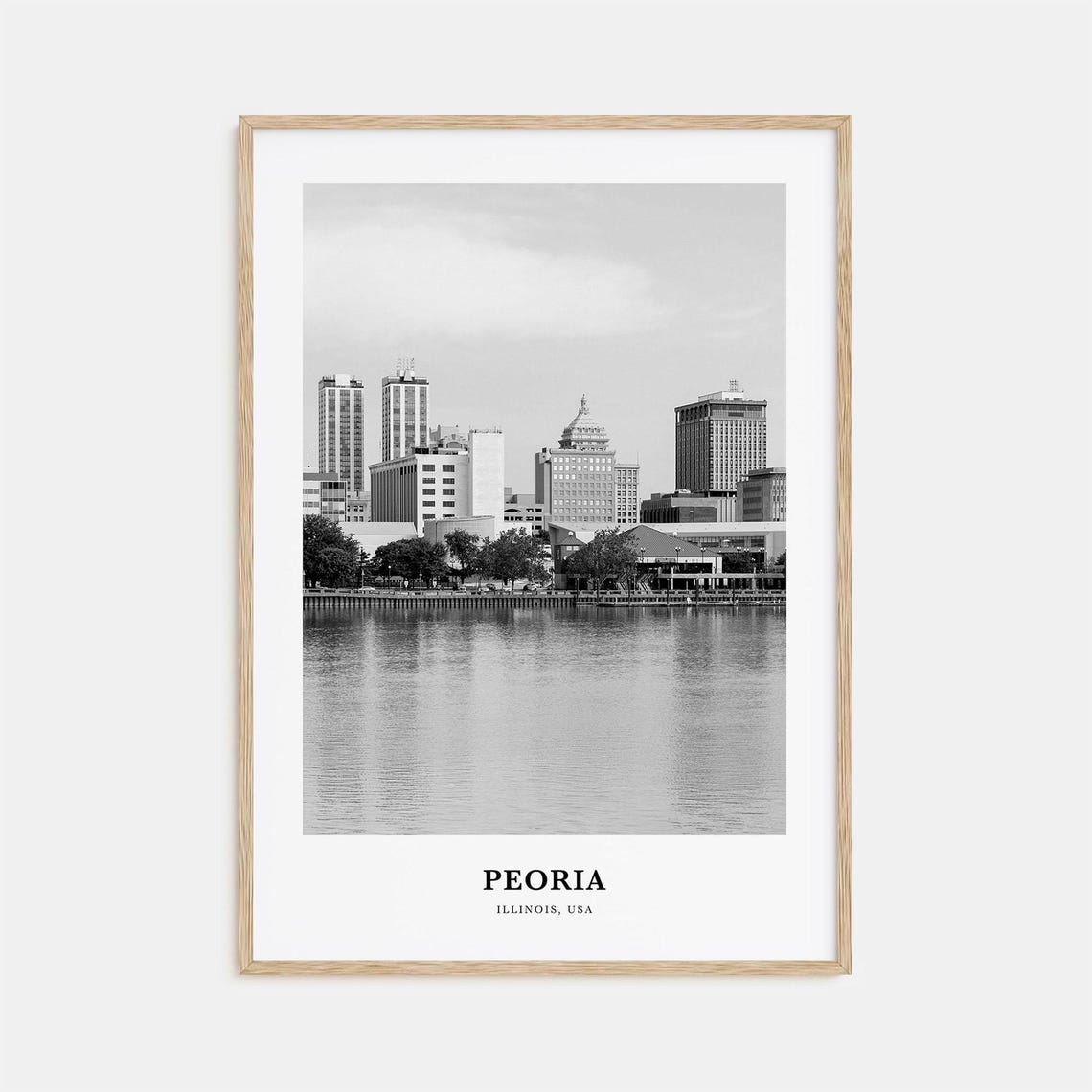 Peoria Illinois City Riverfront Skyline Black and White Poster