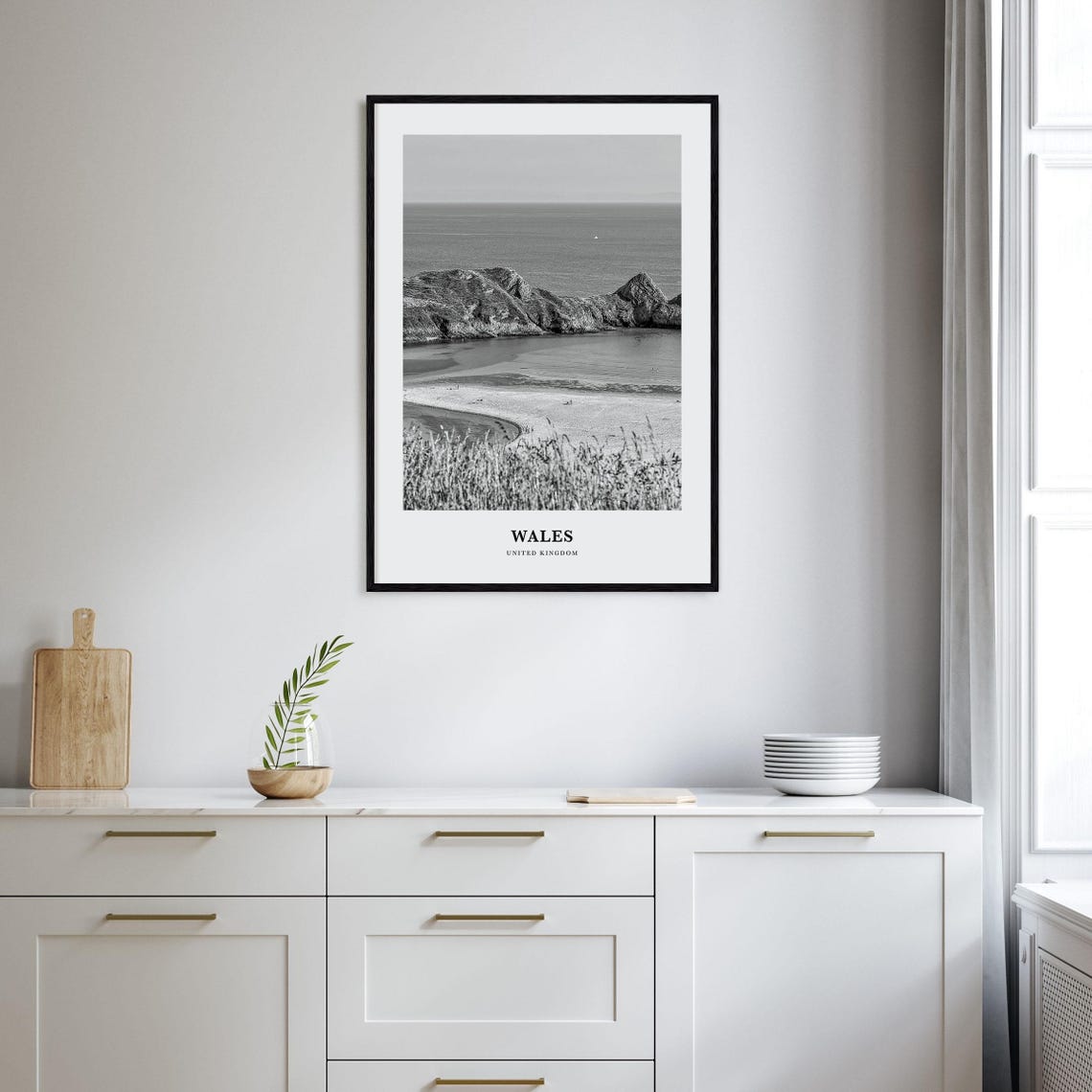 Wales United Kingdom Coastal Bay And Headland Black White Poster - Image 2