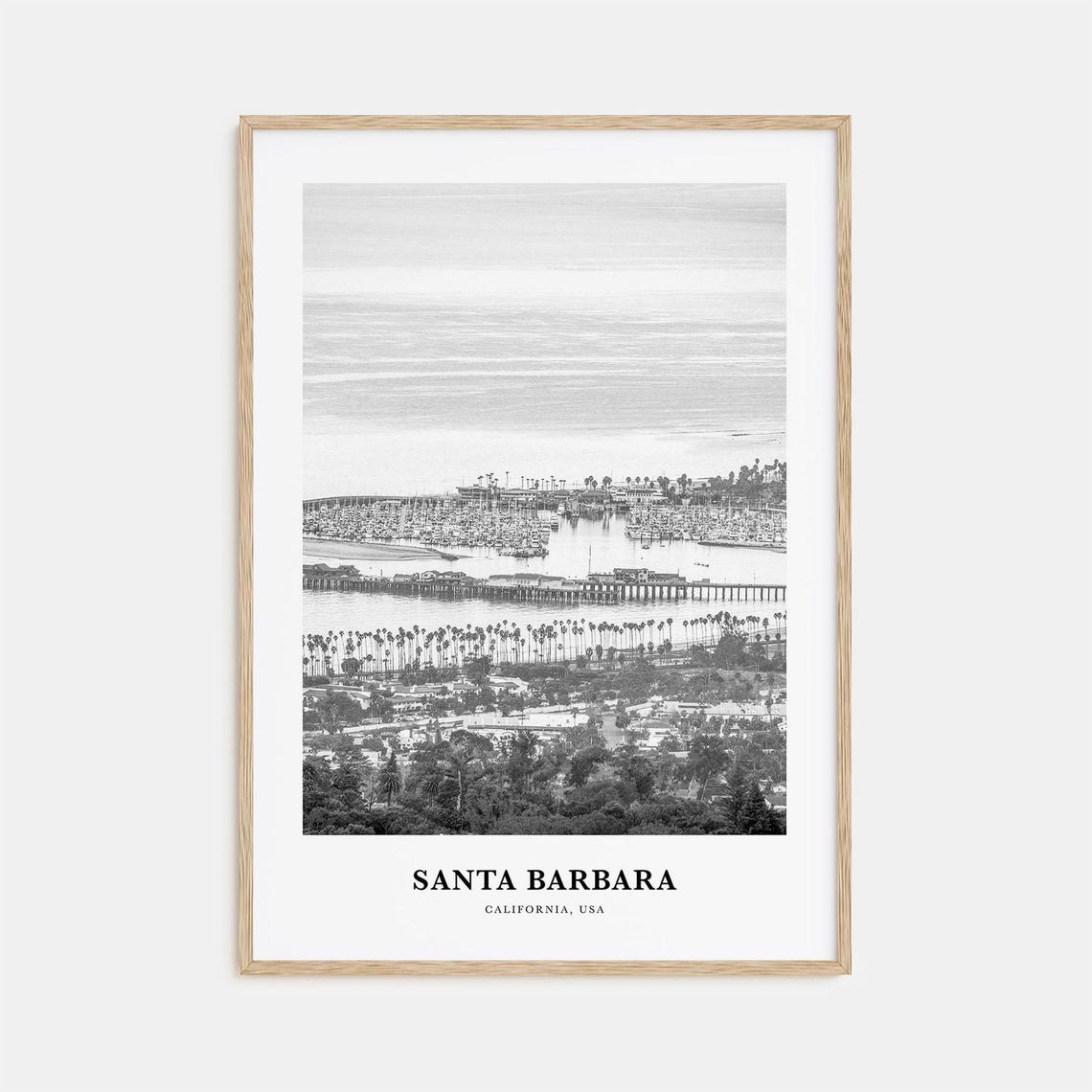 Santa Barbara California Aerial Harbor Pier View Black White Poster