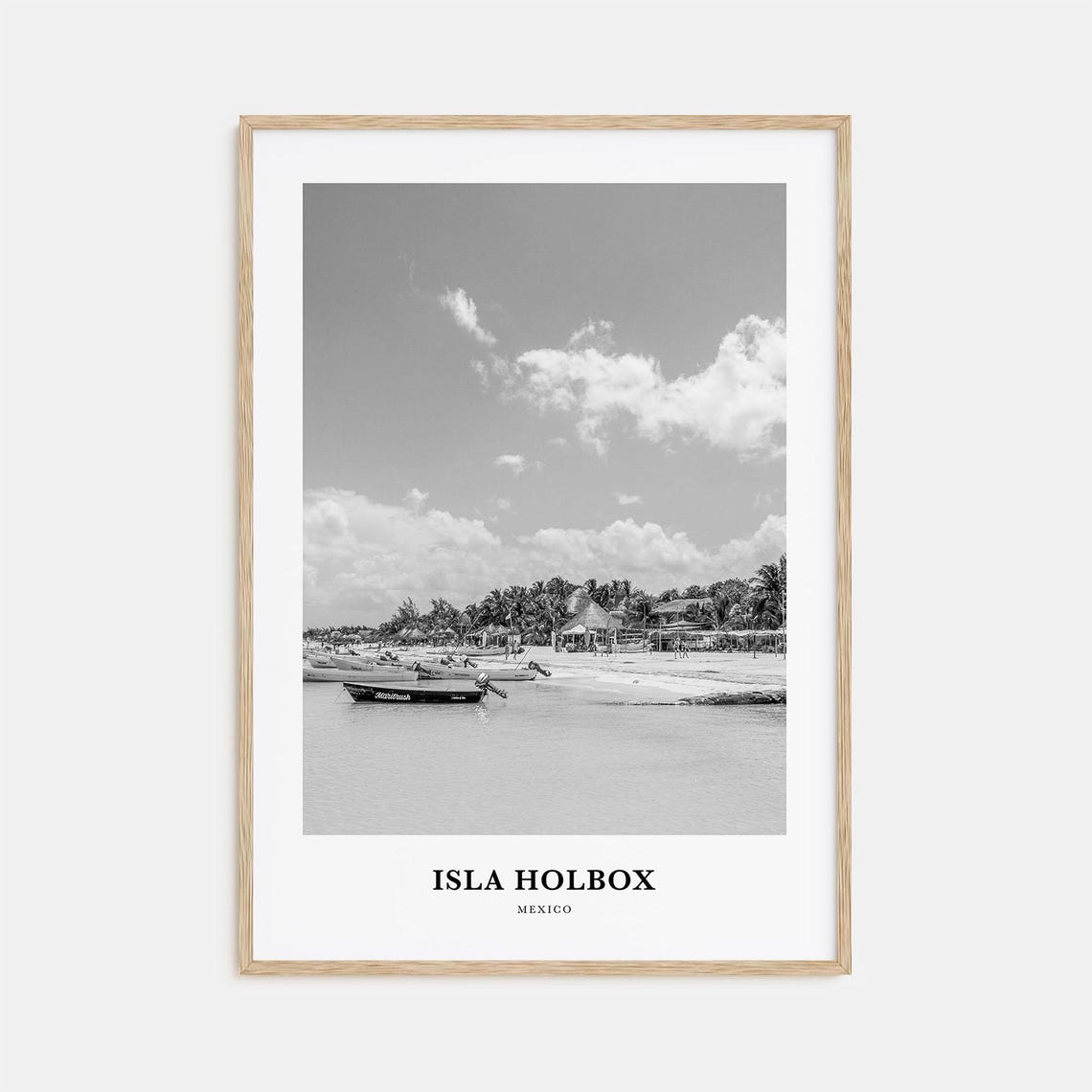 Isla Holbox Beach Boats and Thatched Huts Mexico Travel Poster