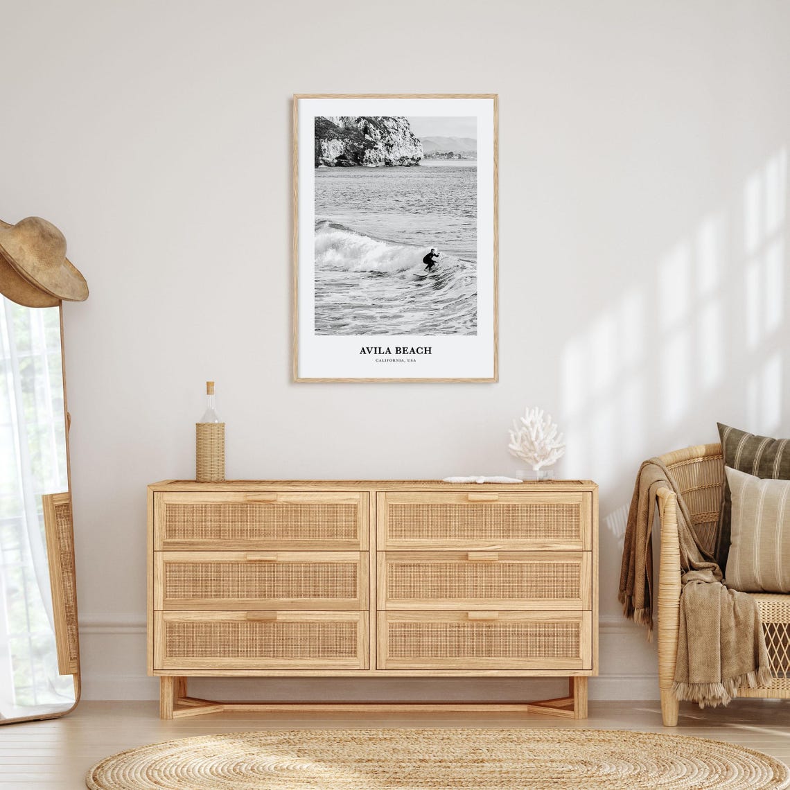 Avila Beach California Surfer Riding Wave Black and White Poster - Image 3