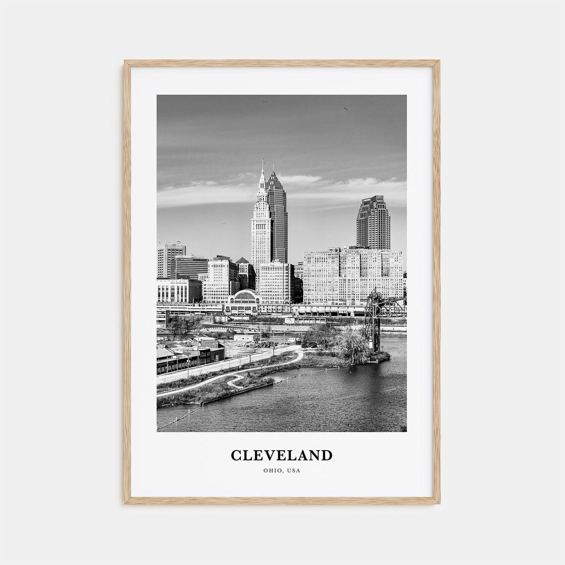 Cleveland Ohio Skyline Over Cuyahoga River Black and White Poster