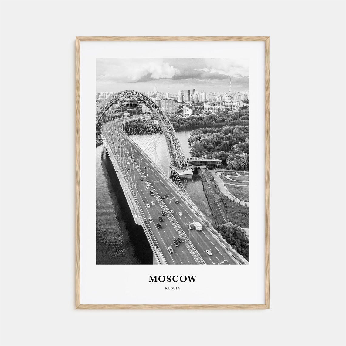 Moscow Cable-Stayed Arch Bridge Over River Black and White Poster