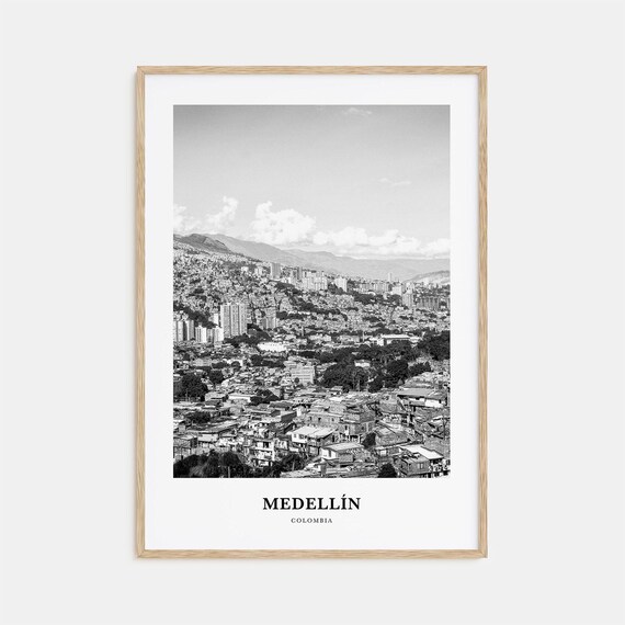 Medellin Colombia Hillside Cityscape Mountain View Black White Poster