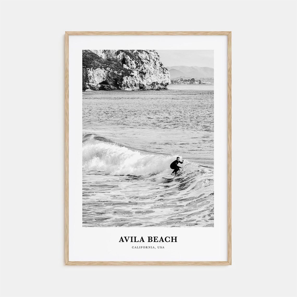 Avila Beach California Surfer Riding Wave Black and White Poster