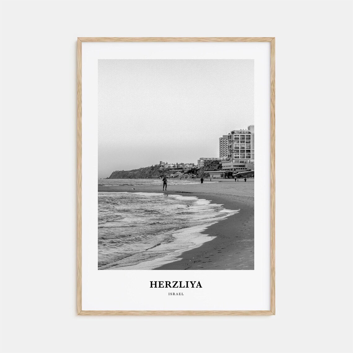 Herzliya Israel Beach Waves Promenade Black and White Art Poster