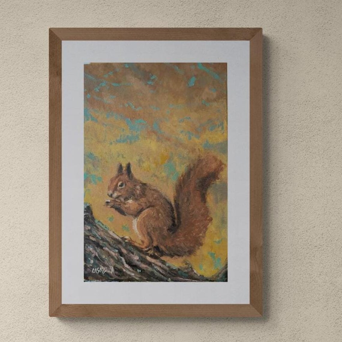 Red Squirrel Perched on Branch Wildlife Oil Painting Nature Wall Art - Image 2