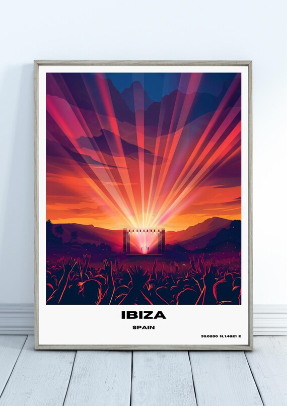 Ibiza Spain Sunset Music Festival Crowd Vibrant Concert Scene Art Poster