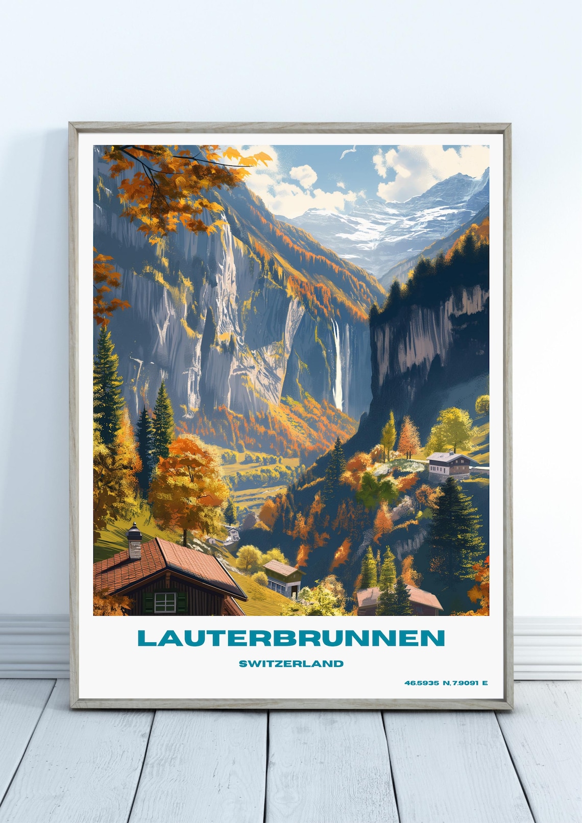 Lauterbrunnen Switzerland Autumn Valley Waterfall Vintage Travel Poster