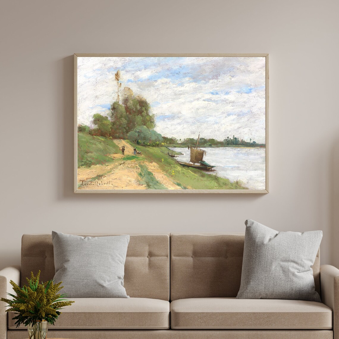 Vintage Oil Painting River Towpath Walkers Moored Sailboat Art Poster - Image 2