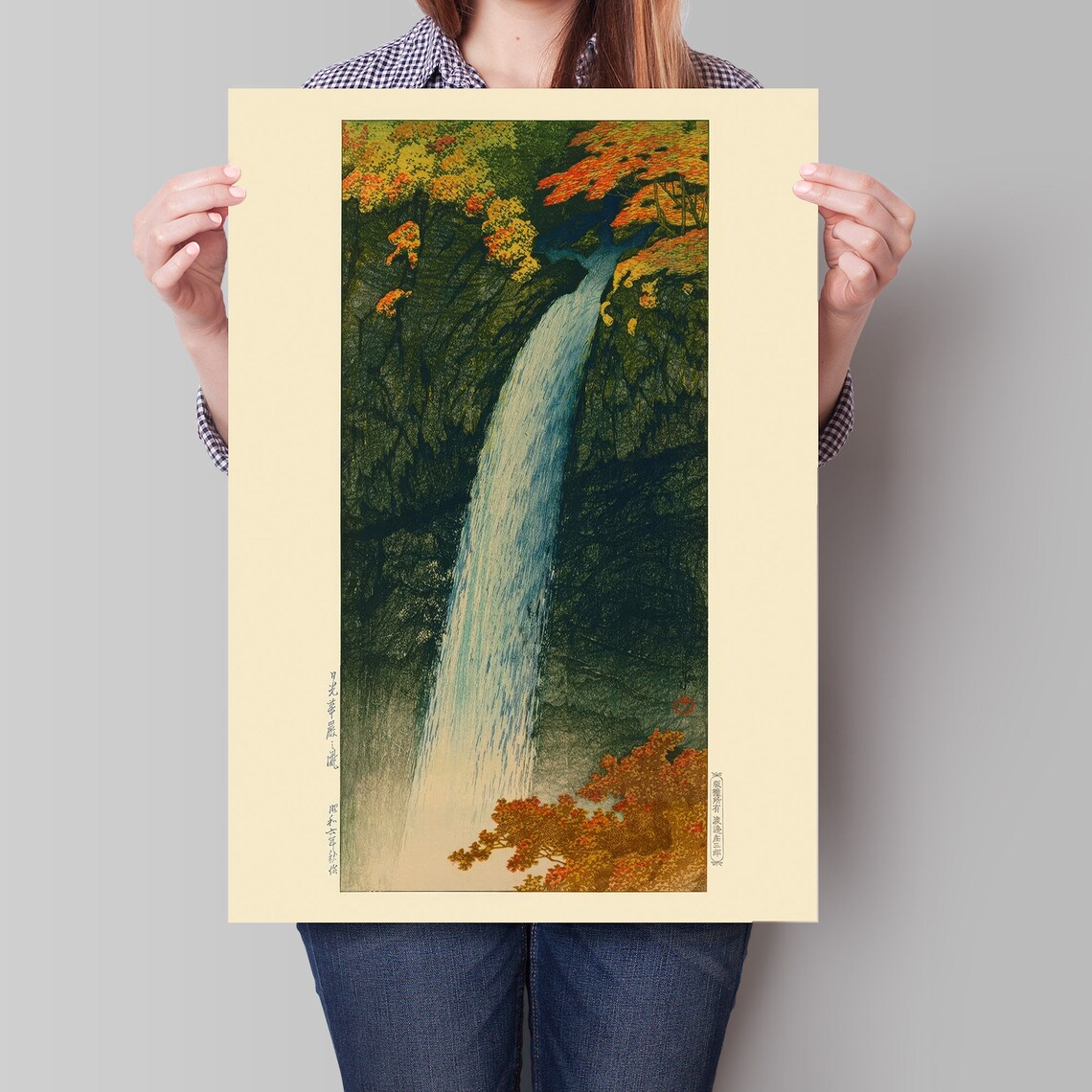 Japanese Autumn Waterfall Red Maples Woodblock Style Nature Poster - Image 4