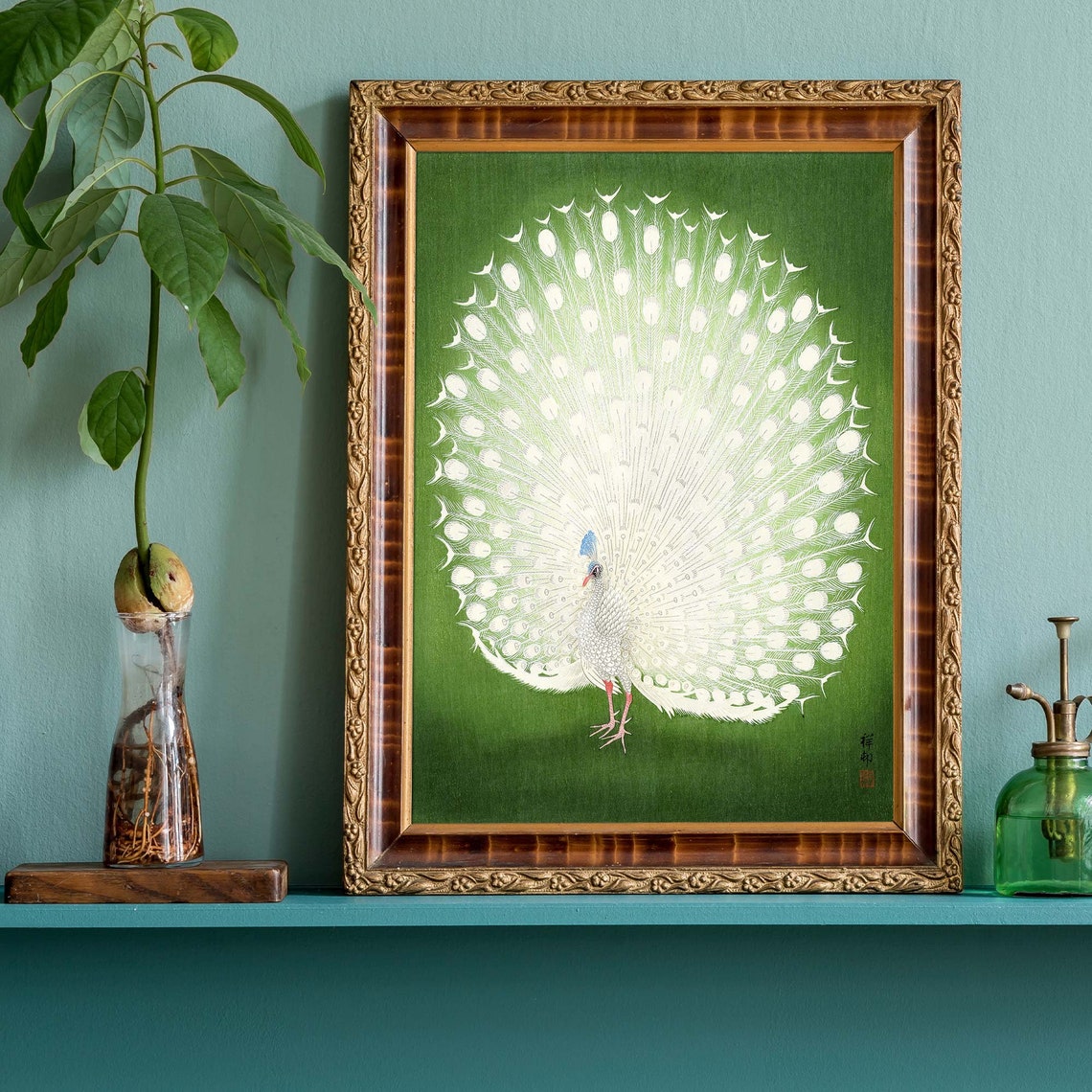 Ohara Koson White Peacock Displaying Full Fan Tail Green Poster - Image 2