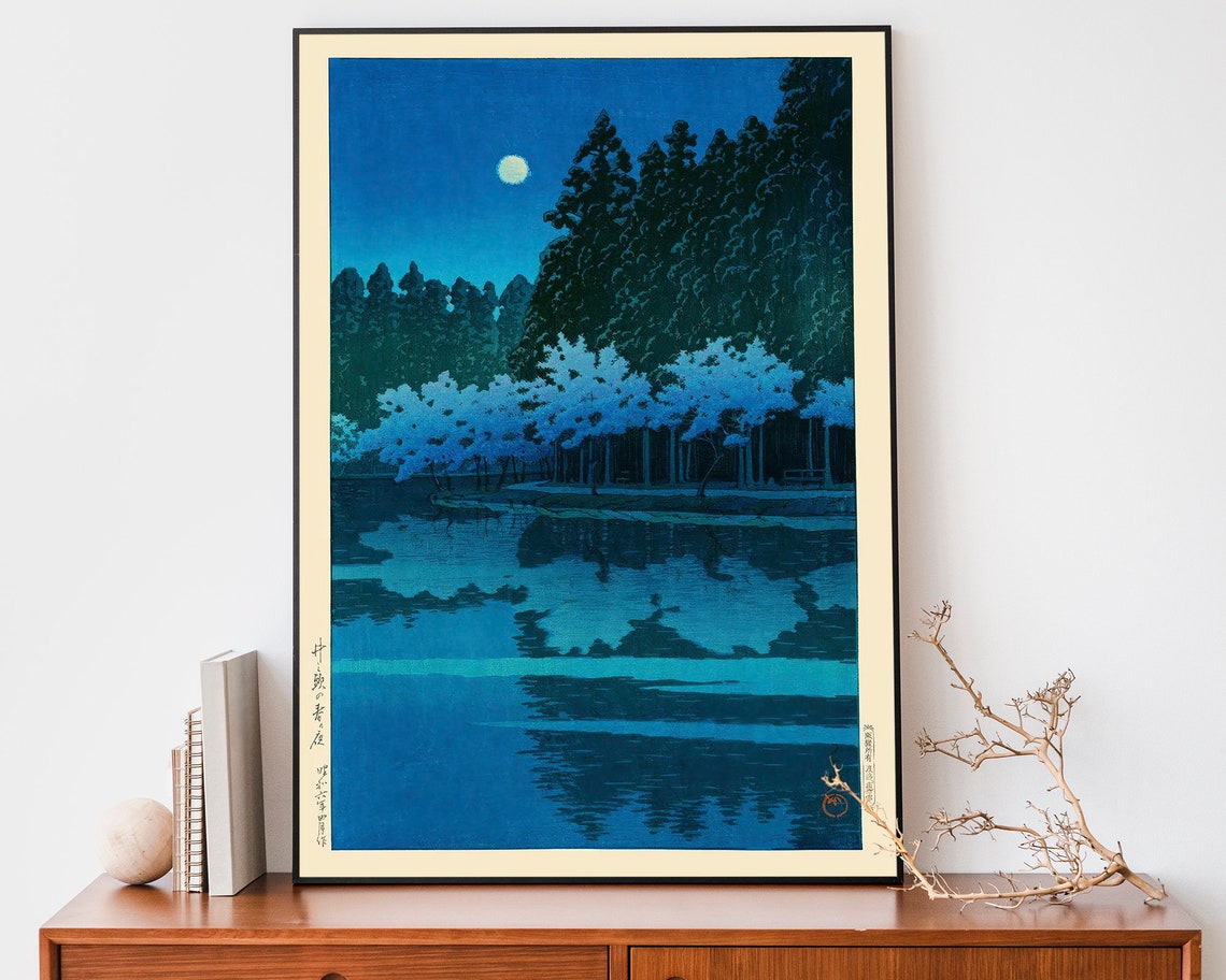 Japanese Moonlit Lake Cherry Blossoms Woodblock Style Night Poster