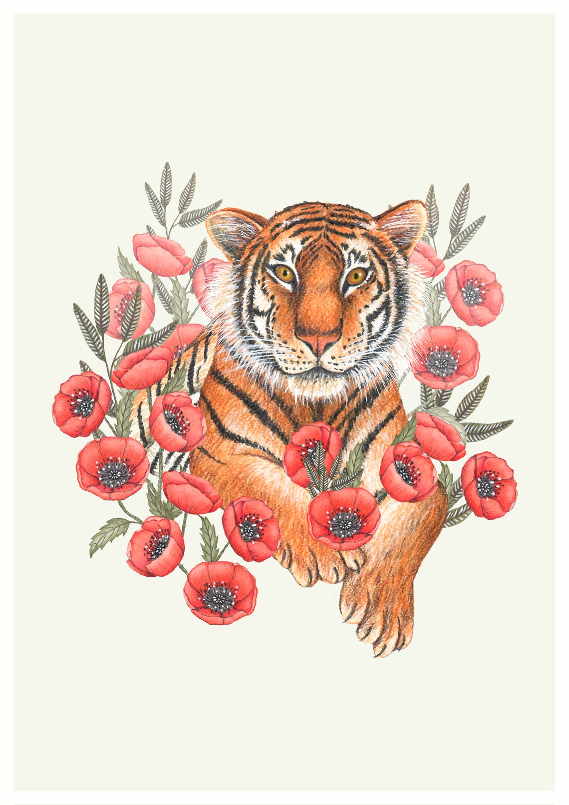 Tiger Wall Art For Nursery Illustration Print Tropical Jungle Painting With Flower Kids Decor
