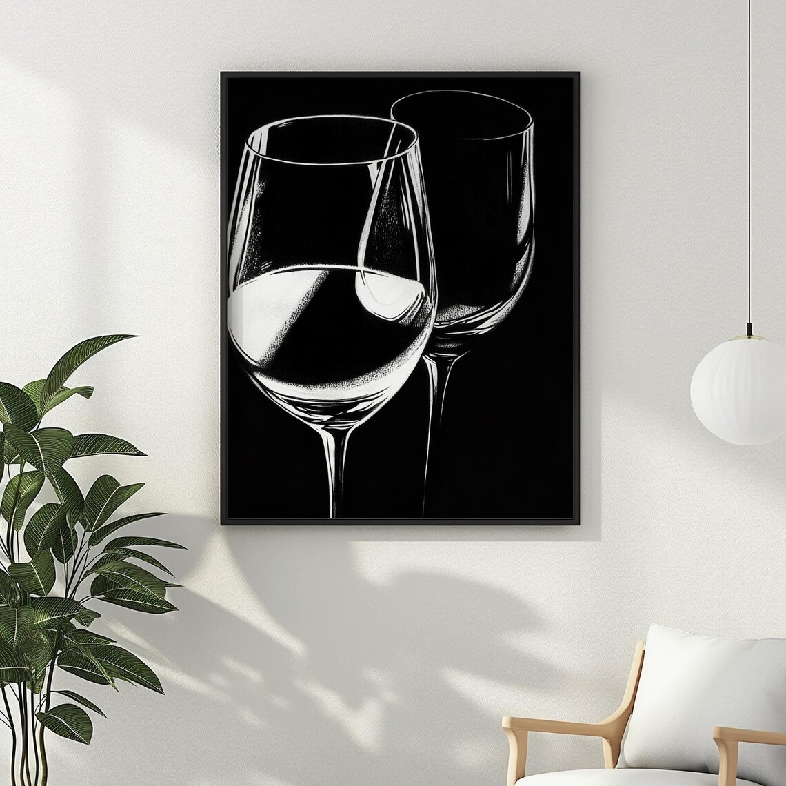 Minimalist Black and White Line Drawing of Two Wine Glasses Poster