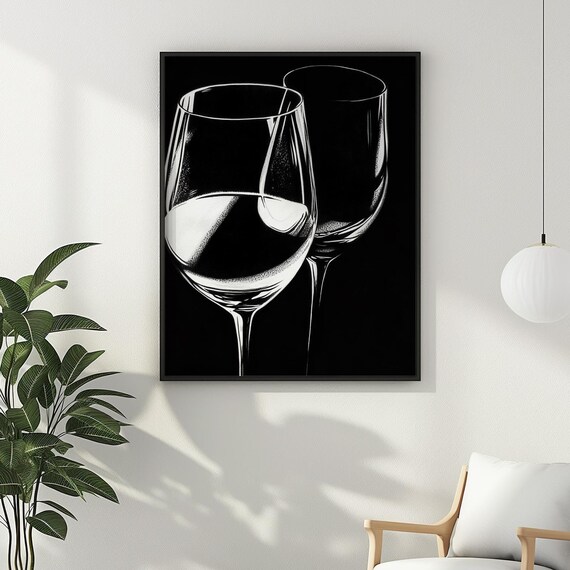 Minimalist Black and White Line Drawing of Two Wine Glasses Poster