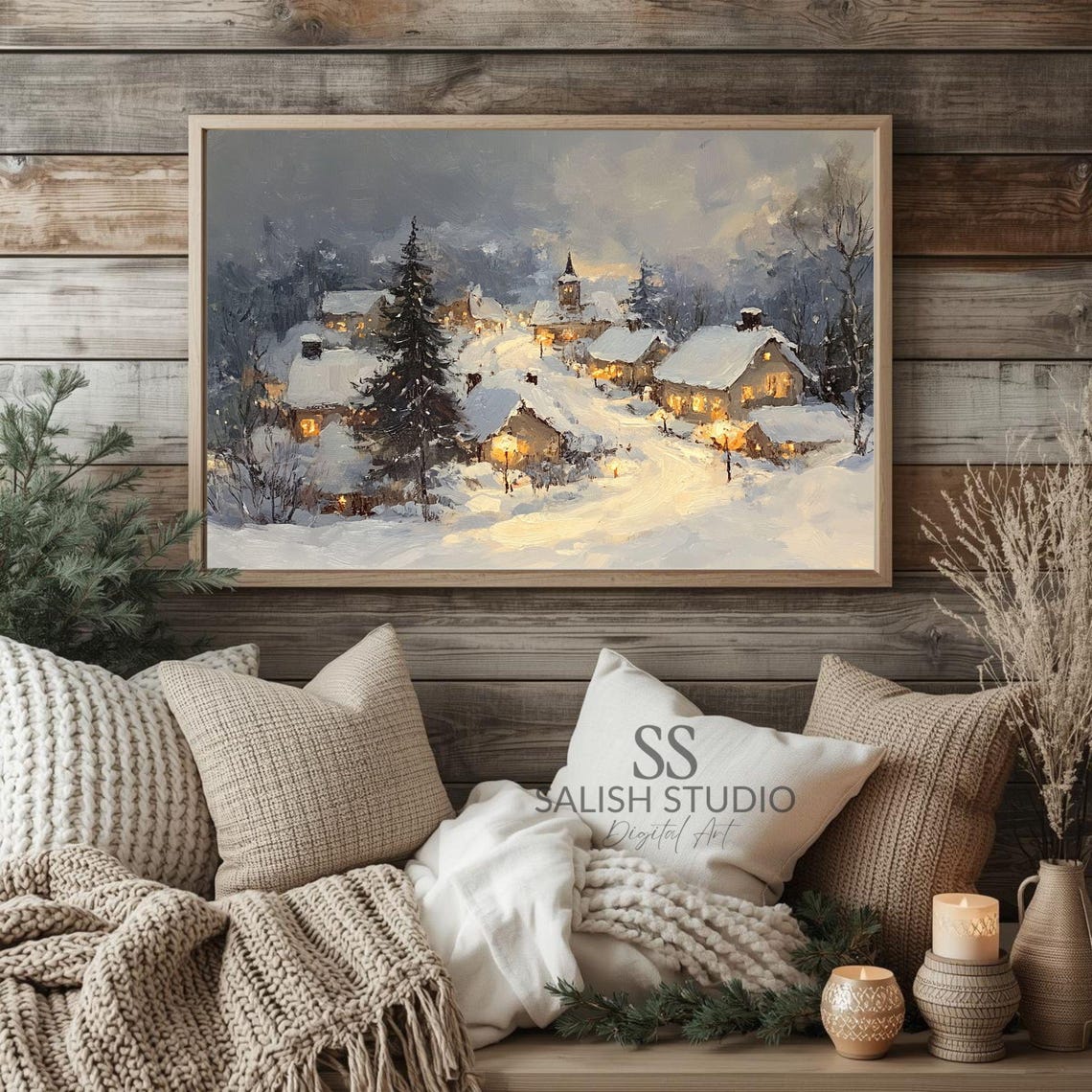 Charming Twinkling Snowy Village Winter Evening Scene Poster