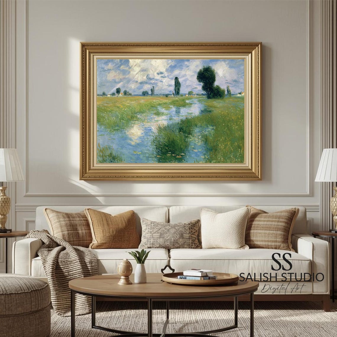 Moody Summer Landscape Print Impressionist Meadow Stream Artwork