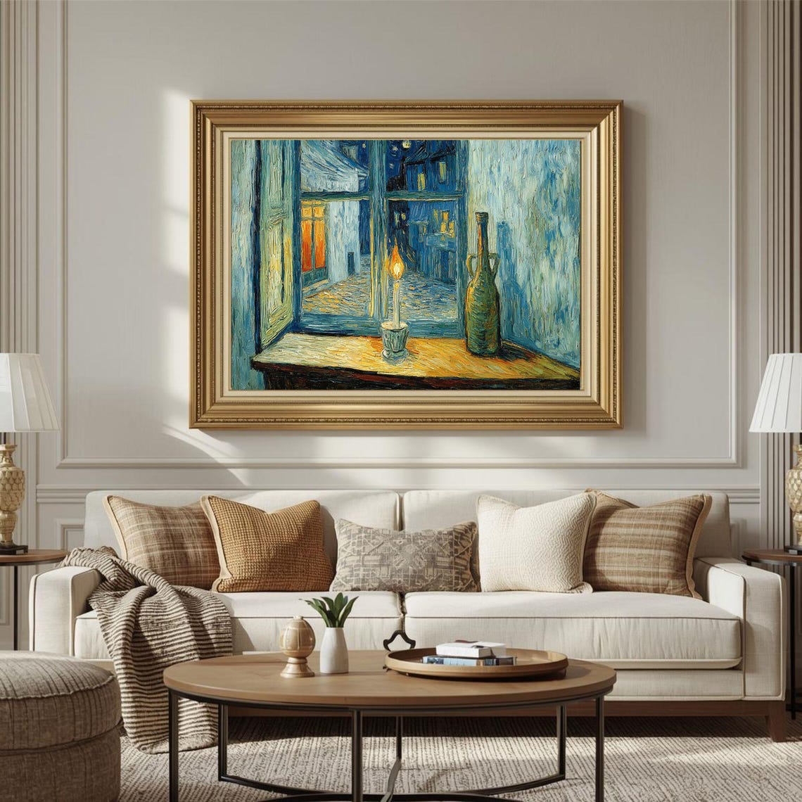 Candlelit Window on Blue Alley Night Impressionist Vintage Poster