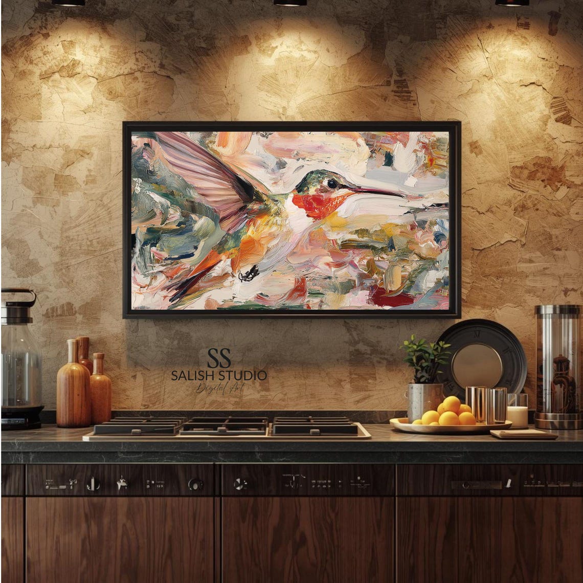 Hummingbird in Flight Colorful Expressive Abstract Oil Painting Print