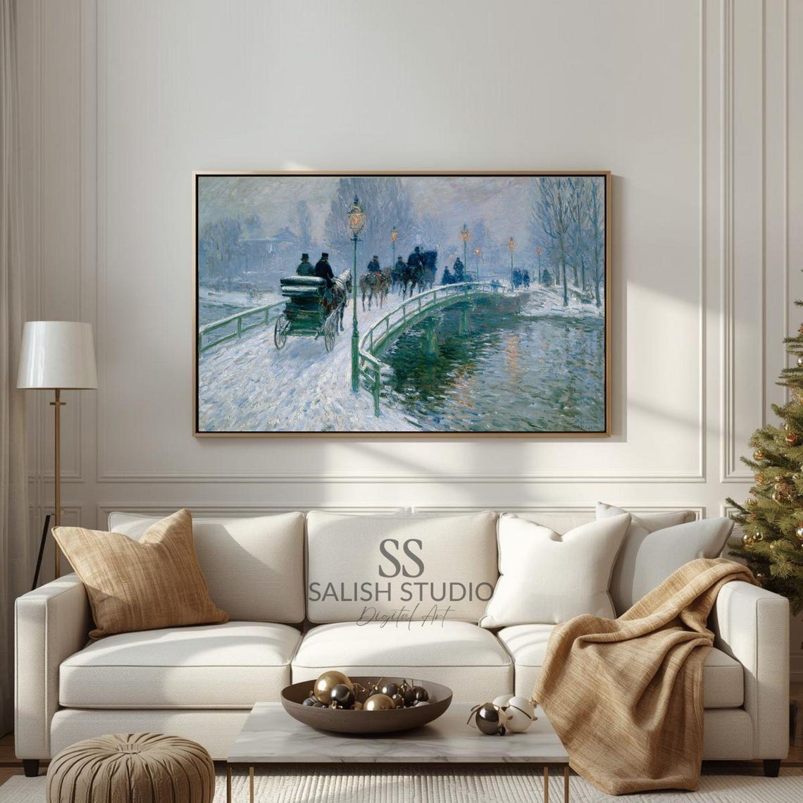 Winter Bridge Watercolor Poster Snowy Stream Carriage Lamp Scene