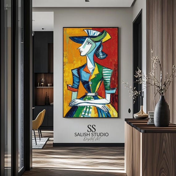 Cubist Female Figure Print Retro Geometric Portrait