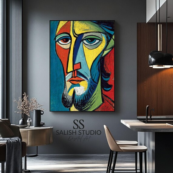 Cubist Bearded Saint Portrait Bold Acrylic Religious Art Print