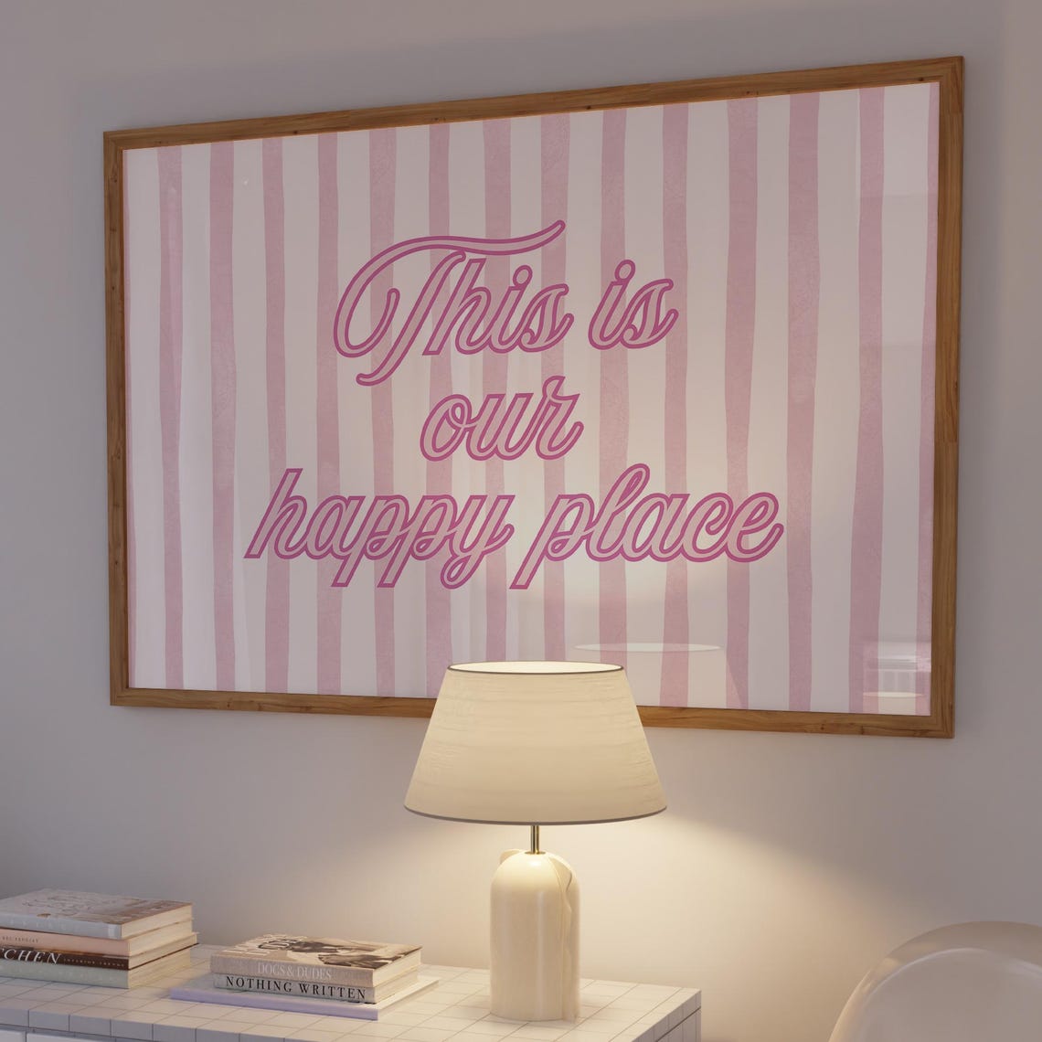 This Is Our Happy Place Pink Striped Script Poster Cozy Home Gift