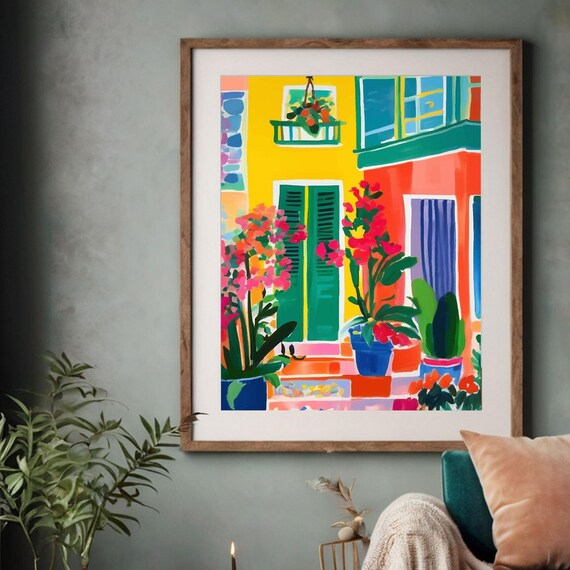 Vibrant Colorful Doorway with Flowering Plants Facade Art Poster